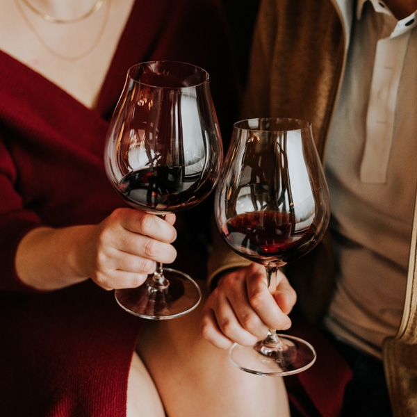 Couple toasting glasses of red wine.