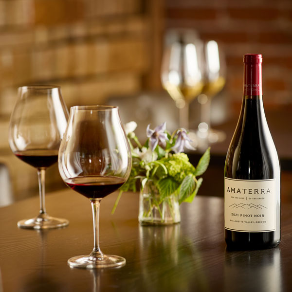 Amaterra Red wine with glasses on a table