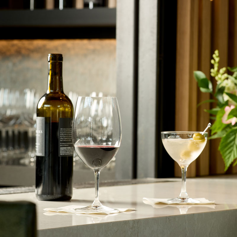 Martini and wine on the bar of Amaterra Kitech + Social Club.
