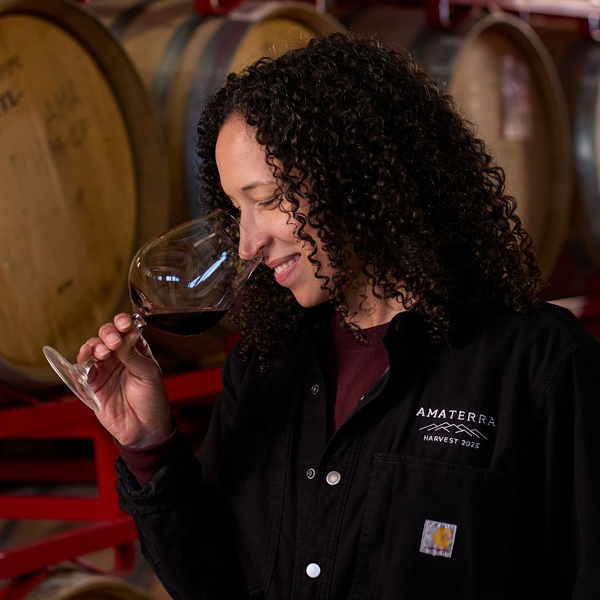 Winemaker Morgan sniffing wine